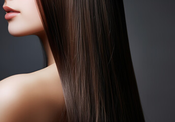Naklejka premium Beautiful natural brunette woman with healthy long hair, close-up 
