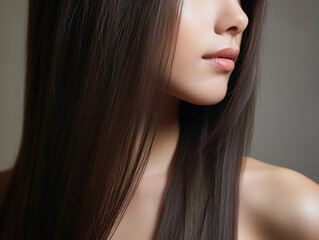Beautiful natural brunette woman with healthy long hair, close-up	