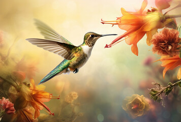 Fototapeta premium Scaly-breasted hummingbird feeding on flowers. Created with Generative AI
