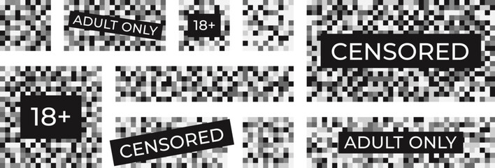 Censored elements different design. Pixel blurred squares, censor symbols. Pixelation censorship bars, flat adults content closed racy vector set