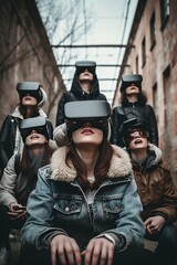 group of friends with virtual reality glasses - obrazy, fototapety, plakaty