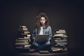 young woman studying among books and using a laptop