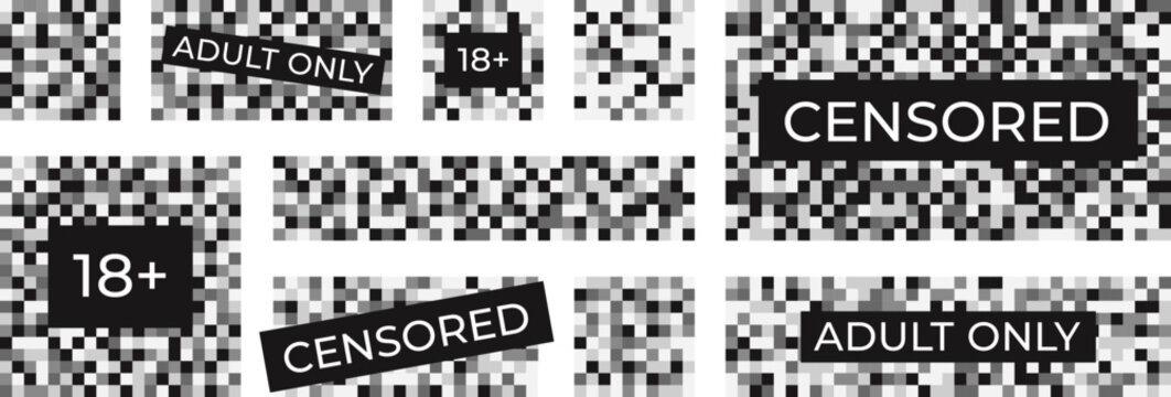 Censored elements different design. Pixel blurred squares, censor symbols. Pixelation censorship bars, flat adults content closed racy vector set