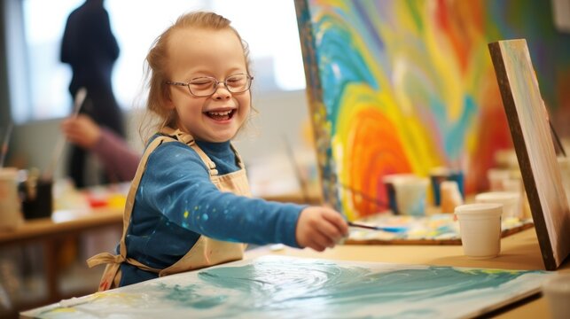 Little boy with Down syndrome paints on a canvas.