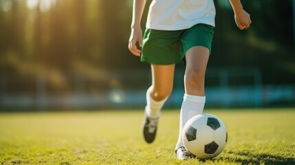 Fototapeta premium A dynamic girl, in soccer attire, skillfully controlling the ball with her foot, while maintaining balance and focus on the field.