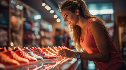 A fit woman, in a bright, modern athletic store, scrutinizing a pair of high-tech running shoes, considering her fitness goals. - obrazy, fototapety, plakaty