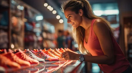 Rolgordijnen A fit woman, in a bright, modern athletic store, scrutinizing a pair of high-tech running shoes, considering her fitness goals. © PixelPaletteArt
