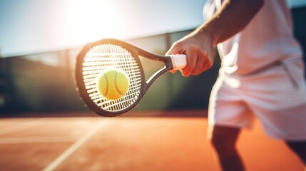 A focused man, in athletic wear, vigorously hitting a tennis ball with a swift movement of his racket on a sunny day.
