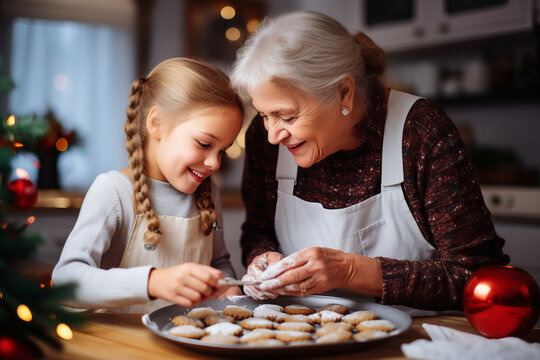Caucasian grandmother baking cookies at Christmas with granddaughter. Festive baking