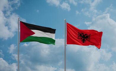 Palestine and Gaza Strip and Albania national flags, country relationship concept