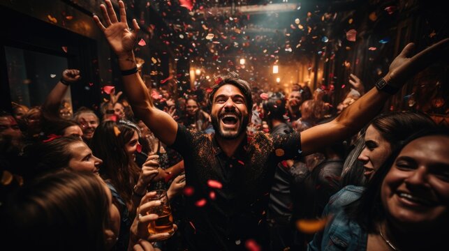 Corporate party New Year, enjoyment of pastime on the eve of Christmas holidays, a company party, vacation with friends, disco dancing party .