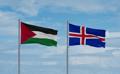 Iceland and Palestine and Gaza Strip flags, country relationship concept