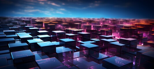 Obraz premium Geometry ai cyberspace neon glowing modern digital abstract 3D background. technological processes, digital storages, science, education, Abstract background hexagon pattern with glowing lights