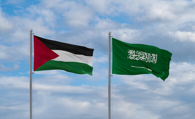Palestine and Gaza Strip and Saudi Arabia flags, country relationship concepts