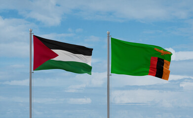 Zambia and Palestine and Gaza Strip flags, country relationship concept