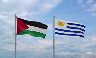 Uruguay and Palestine and Gaza Strip flags, country relationship concept