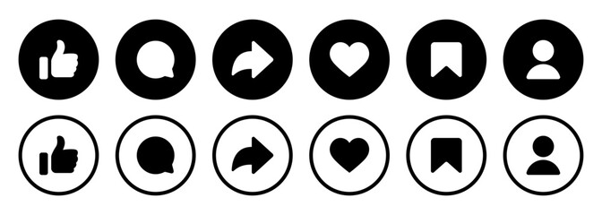 Like, comment, share icon buttons and Thumbs up, love heart, follower, save icon in black circle shapes , Social media notification icons. emoji post reactions set. Vector illustration - obrazy, fototapety, plakaty