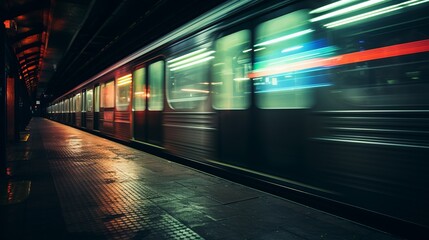 Fototapeta na wymiar A train traveling down train tracks next to a platform