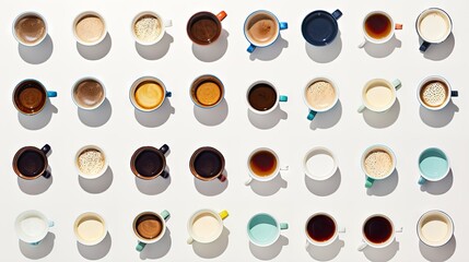  a group of cups of different types of coffee on a table.  generative ai