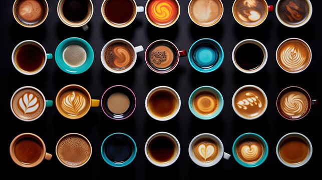  a collection of coffee cups with different designs on them, all lined up.  generative ai