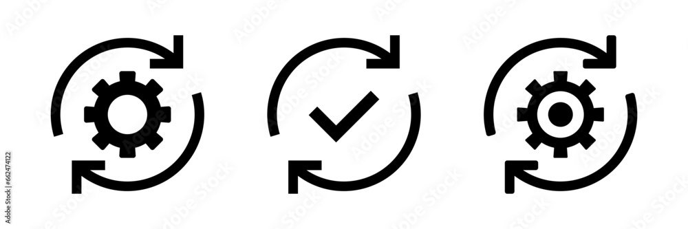 Fototapete gear icon with two arrows. settings icon with update, refresh, recycling, rotate signs - sync process icon set with check mark tick symbol. update icon symbol. Software upgrade concept