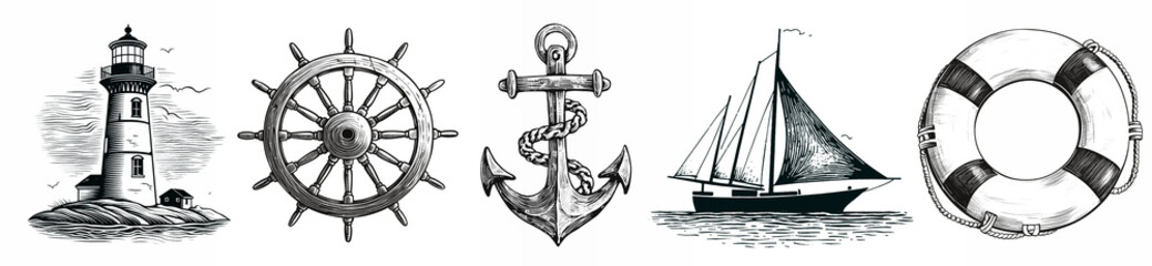 Maritime woodcut collection. set of nautical illustration in engraving style - obrazy, fototapety, plakaty
