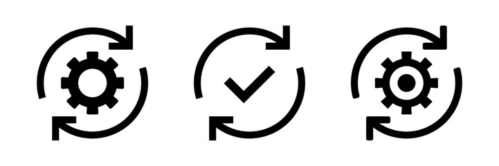 gear icon with two arrows. settings icon with update, refresh, recycling, rotate signs - sync process icon set with check mark tick symbol. update icon symbol. Software upgrade concept - obrazy, fototapety, plakaty