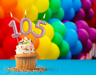 Birthday card - candle number 105 with colored balloons of the gay march
