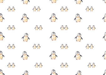 Fototapeta premium Watercolor seamless pattern with penguins. Cute grey bird for baby textile, wallpaper, nursery decoration