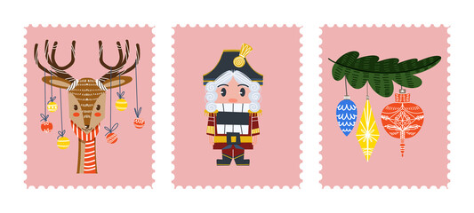 Christmas postage stamps with holiday symbols and elements of decoration for envelopes. New Year stickers with Santa Claus, Christmas tree, gifts. Illustration in a flat style