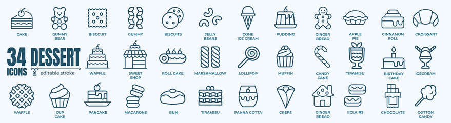 Dessert and sweet shop elements - minimal thin line web icon set. Outline editable icons collection. Simple vector illustration.