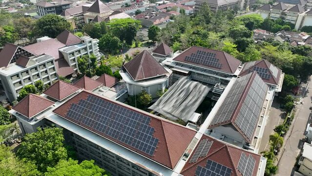 building roof with solar panels, drone shoot