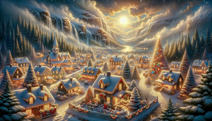 Obraz premium Painting Representing a Charming Christmas Village in the Alps Heavy Snow is Falling Wallpaper Background Cover Brainstorming Card Digital Art