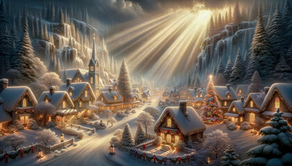 Painting Representing a Charming Christmas Village in the  Alps Heavy Snow is Falling Wallpaper Background Cover Brainstorming Card Digital Art - obrazy, fototapety, plakaty