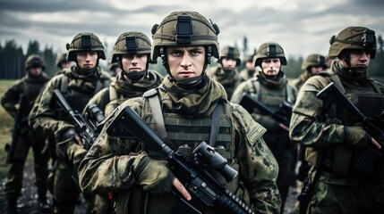 Soldiers with weapons in training