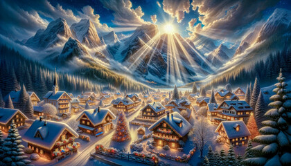 Painting Representing a Charming Christmas Village in the  Alps Heavy Snow is Falling Wallpaper Background Cover Brainstorming Card Digital Art - obrazy, fototapety, plakaty