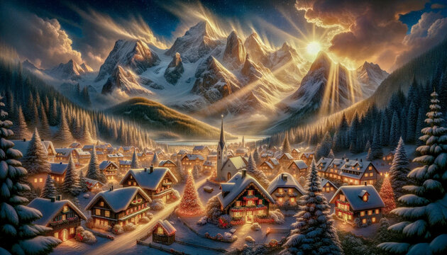 Painting Representing a Charming Christmas Village in the  Alps Heavy Snow is Falling Wallpaper Background Cover Brainstorming Card Digital Art