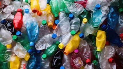 A pile of colorful plastic bottles, freshly crushed, awaiting their journey to the recycling facility, symbolizing waste reduction.