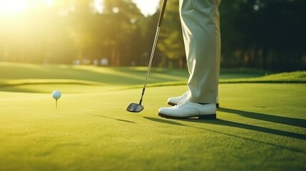 A professional golfer, in elegant attire, attentively aligning his club, preparing for a strategic swing on a vibrant golf course.