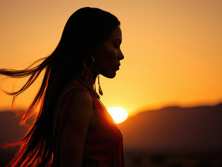 Profile portrait of a Native American Indian woman at sunset in the desert