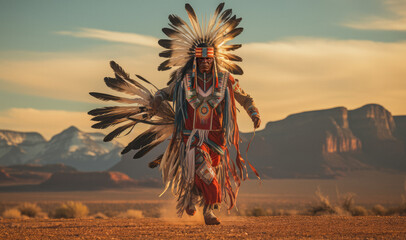 Native American Indian man dancing in the desert - obrazy, fototapety, plakaty