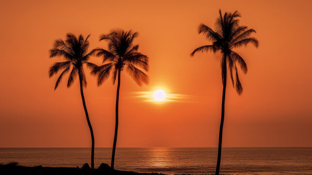 Three palm trees are silhouetted against the setting sun