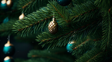 Fototapeta na wymiar Closeup of pinetree branches with christmasballs