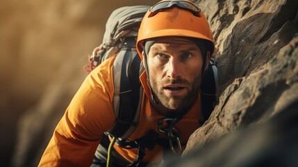 Obraz premium An adventurous climber, utilizing safety gears, meticulously scaling a steep, rugged mountain surface, with determination in his eyes.