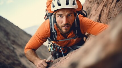 An adventurous climber, utilizing safety gears, meticulously scaling a steep, rugged mountain surface, with determination in his eyes. - obrazy, fototapety, plakaty