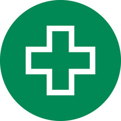 Cross in Circle Round Symbol First Aid Kit Emergency Healthcare Green Sign Icon. Vector Image.