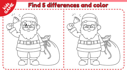 Kids game Find 5 differences with cartoon happy Santa Claus ringing bell with a bag of gifts. Compare cute merry Christmas characters and spot differences. Black and white outline vector design.