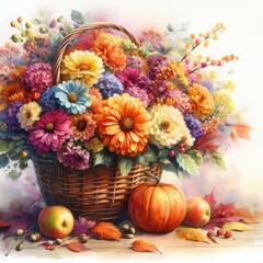 Obraz na płótnie Canvas Basket with flowers, pumkin and apples
