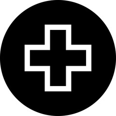 Cross in Circle Round Symbol First Aid Kit Emergency Healthcare Black and White Sign Icon. Vector Image.