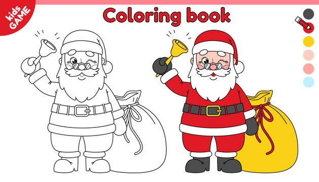 Cartoon happy Santa Claus ringing bell with a bag of gifts. Page of kids coloring book. Color outline cute merry Christmas character. Activity for children. Black and white contour vector design.